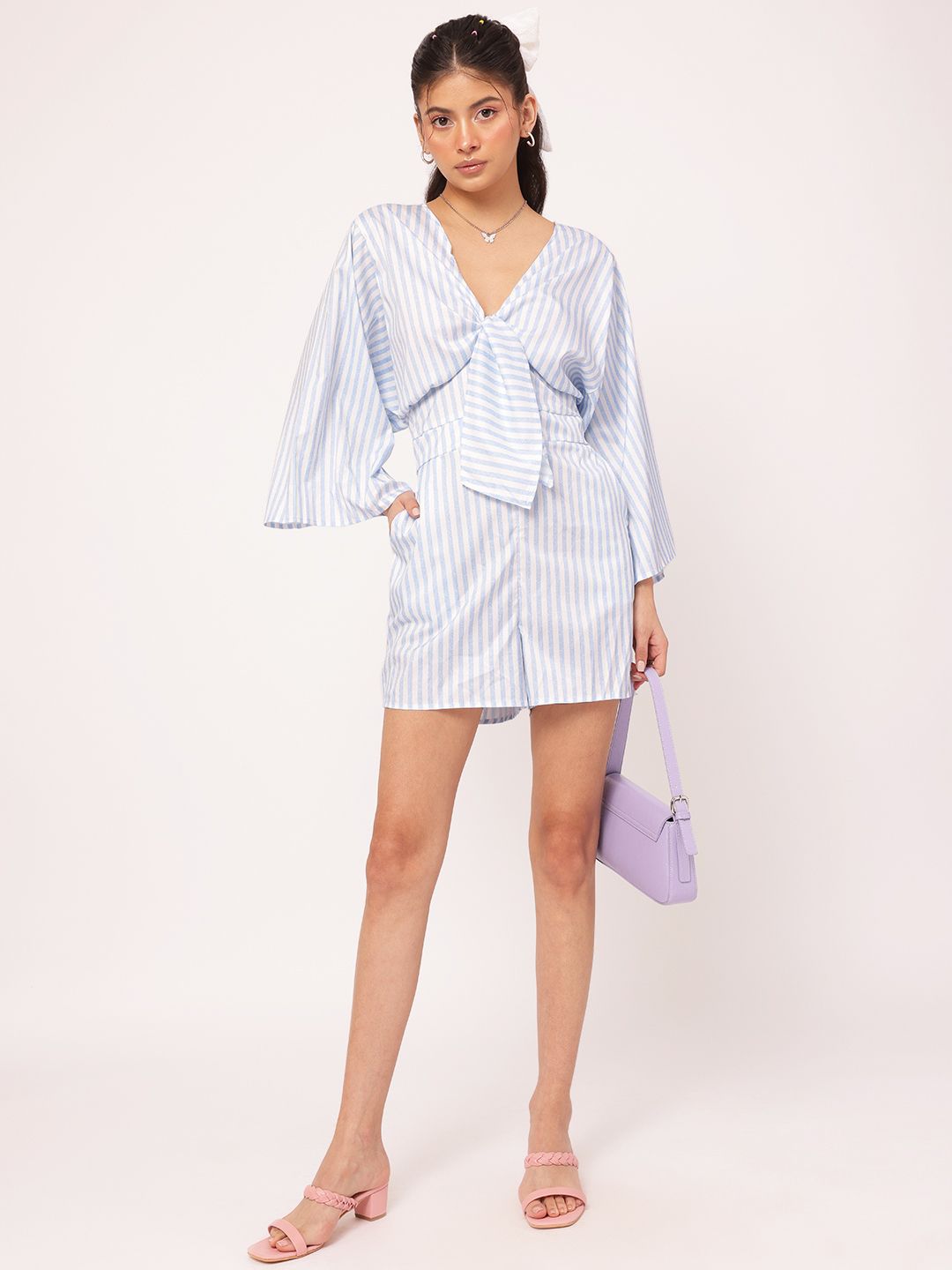 DressBerry Sassy & Stylish Tie-Up Striped Flared Sleeves Playsuit