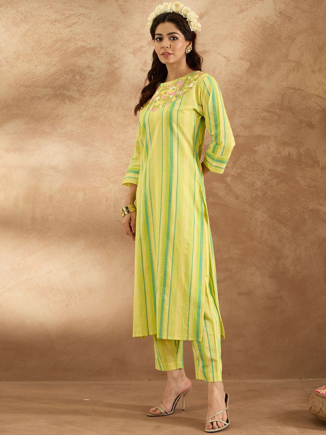 Indo Era Women Floral Embroidered Regular Thread Work Pure Cotton Kurta with Trousers