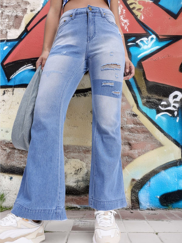 DressBerry Women Vintage Flair Mildly Ripped Heavy Fade Pure Cotton Flared Jeans