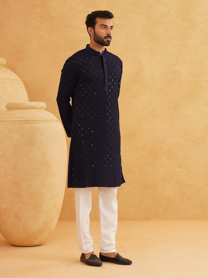 SOJANYA Ethnic Motifs Embroidered Mandarin Collar Sequinned Pure Cotton Straight Kurta