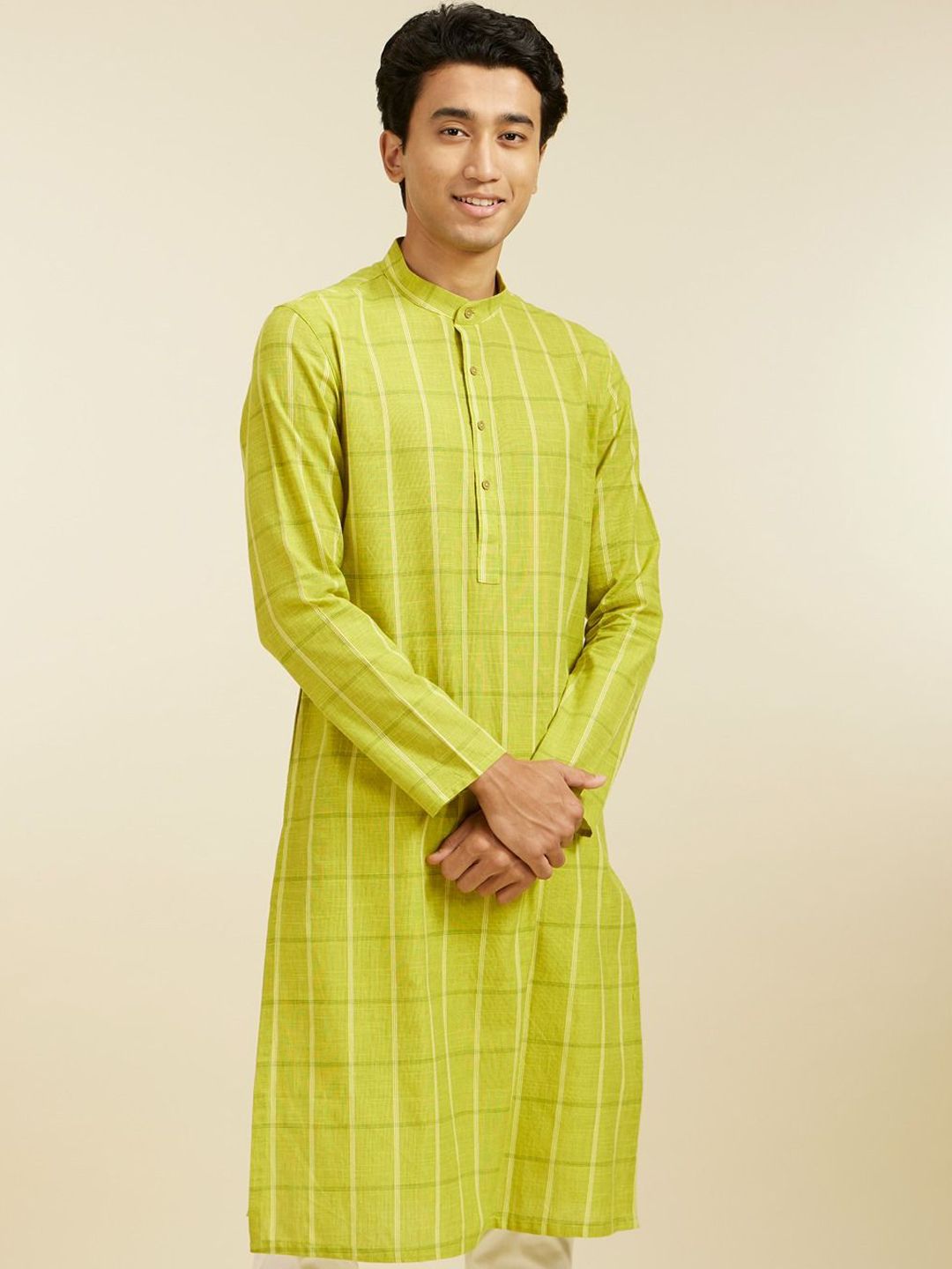 Diwas by Manyavar Checked Mandarin Collar Cotton Straight Kurta