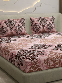 Monte Carlo Peach & Brown Printed Cotton 104 TC Queen Bedsheet Set 2.24 m x 2.54 m