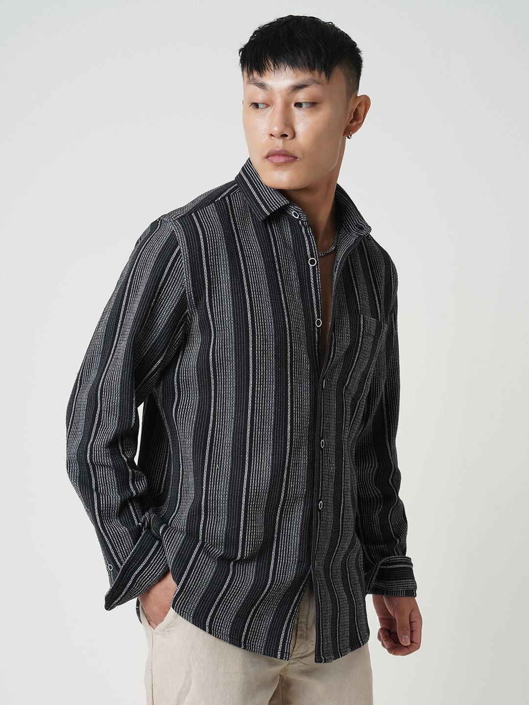 VASTRADO Men Classic Spread Collar Vertical Striped Cotton Slim Fit Casual Shirt
