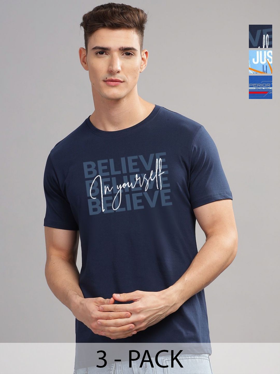 ADRO Men Pack of 3 Typography Printed Round Neck Cotton T-shirts