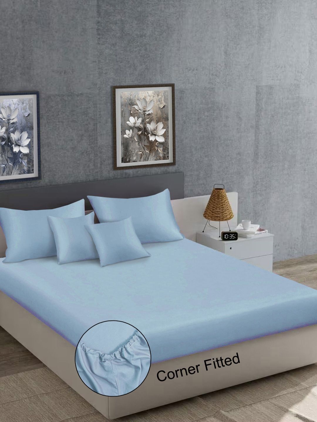 Myntra Elegant Homes Blue 400 TC Bedsheet with 4 Pillow Covers