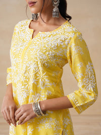 House of Chikankari Women Yellow Mulmul Chikankari Embroidered Kurta