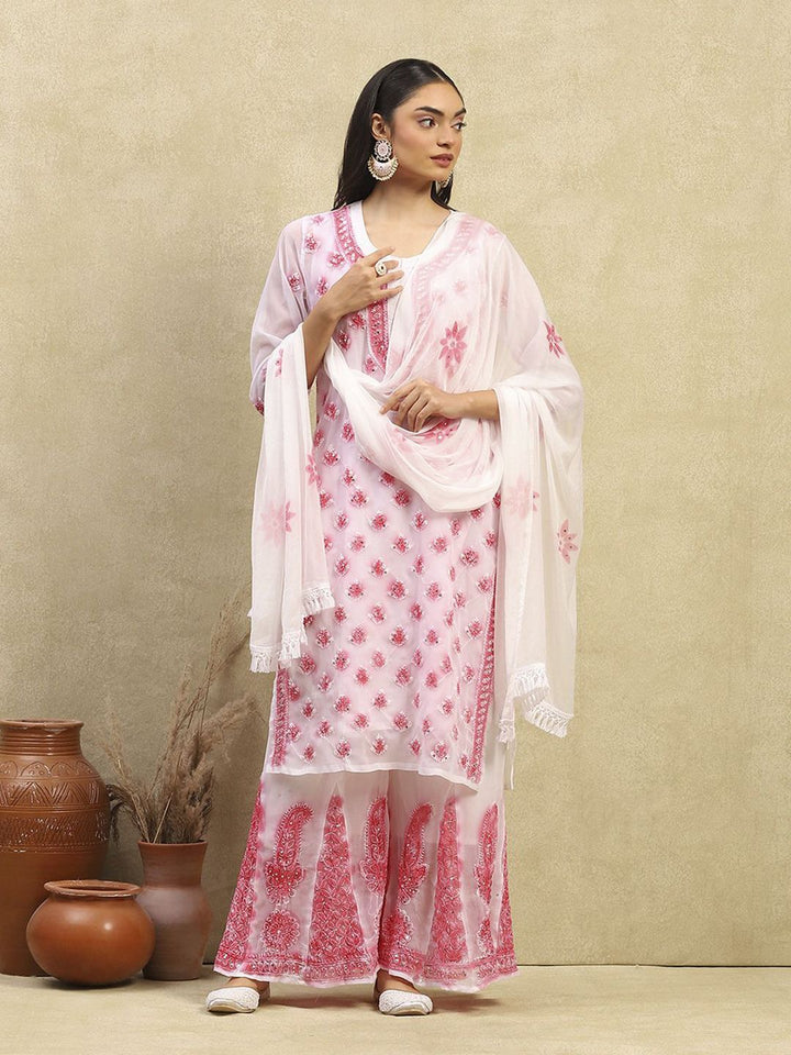 House of Chikankari Women White & Pink Georgette Chikankari Sulam Set Kurta