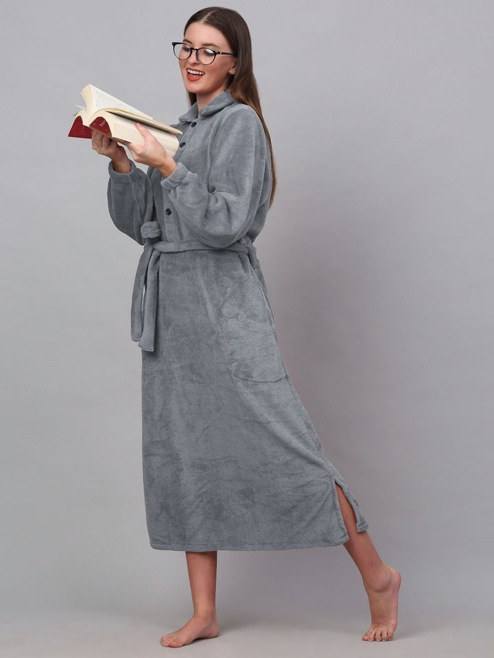 KLOTTHE Grey Shirt Collar Woolen Bath Robe With Belt
