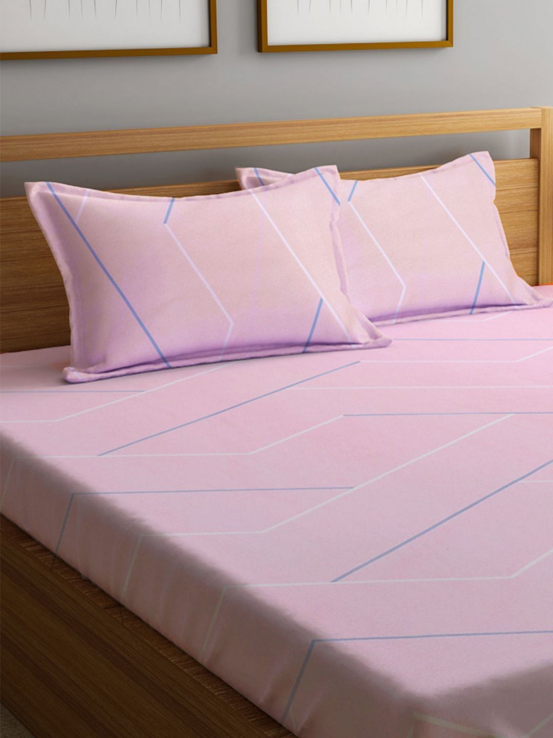 Myntra Elegant Homes Kapas Geometri Merah Jambu 300 TC Cadar Katil Halus King dengan 2 Sarung Bantal-250 x 225 sm