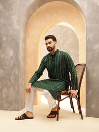 Anouk Green Striped Embroidered Sequinned Pure Cotton Straight Kurta With Pyjama