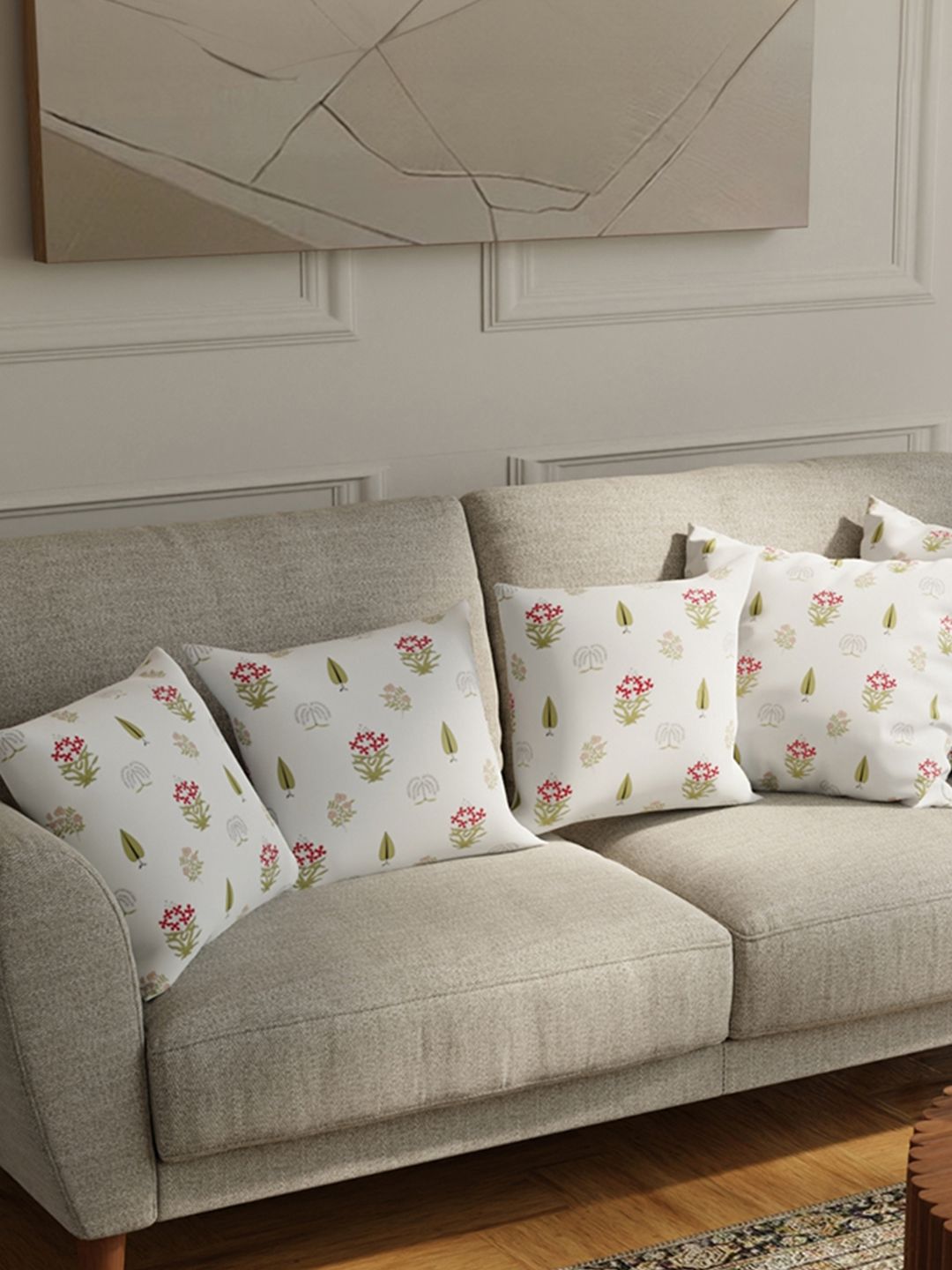URBAN SPACE White & Red 5 Pieces Floral Printed Cotton Square Cushion Covers