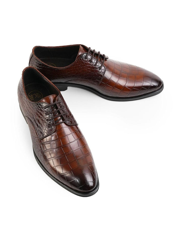 Monkstory Glossy Croc-Effect Lace-Up Oxfords - Coklat Burnish