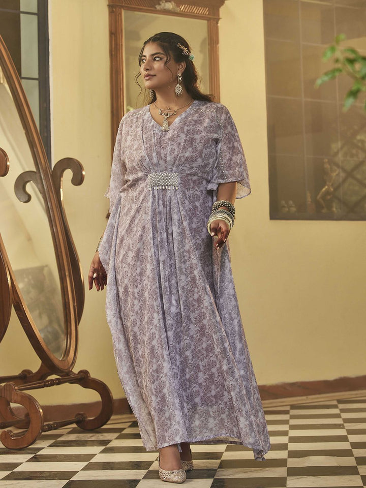 Pakaian Kaftan Leher V Bercetak Bunga Mamicha Wanita