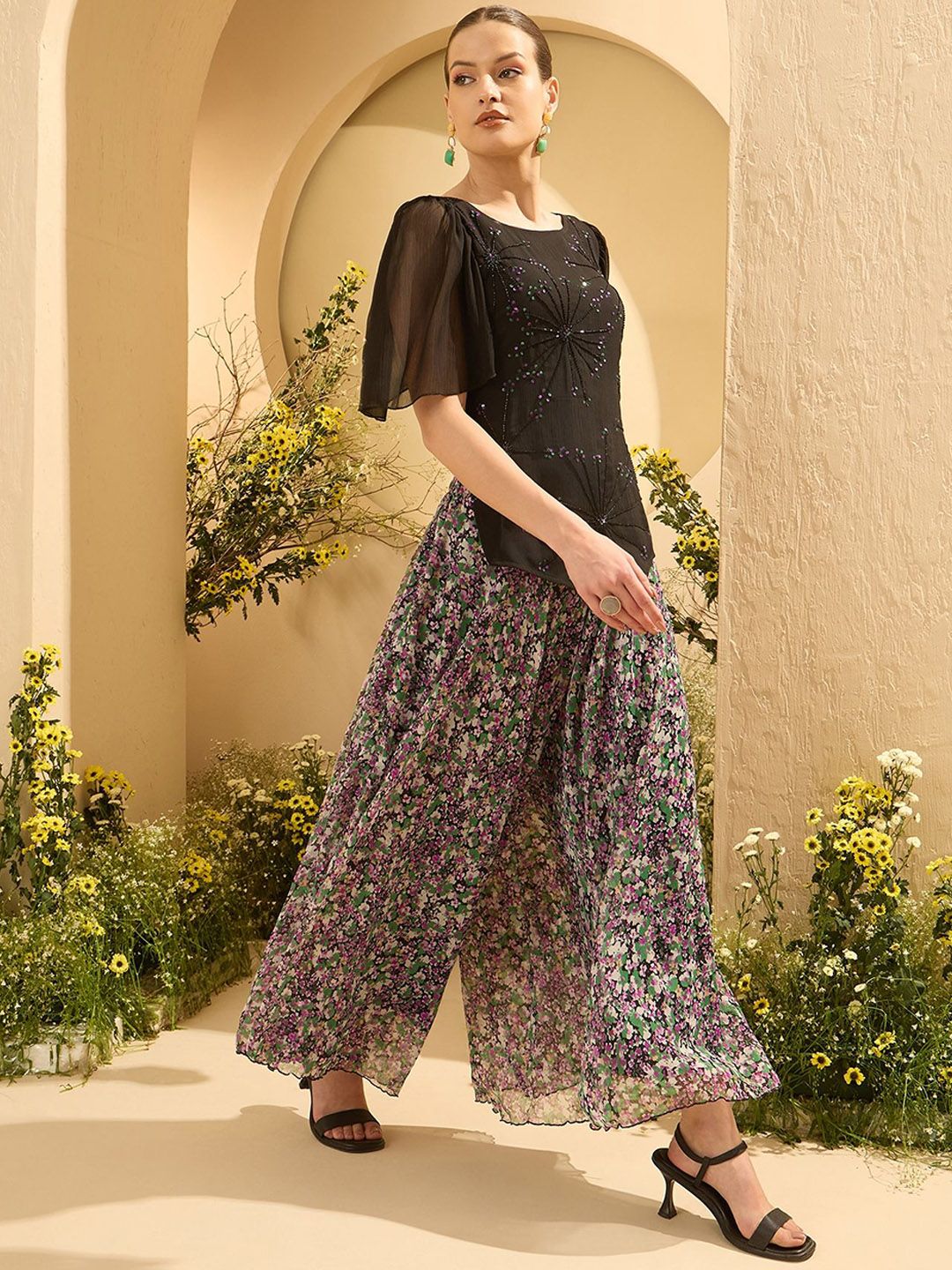 Antheaa Embellished Round Neck Top With Palazzo