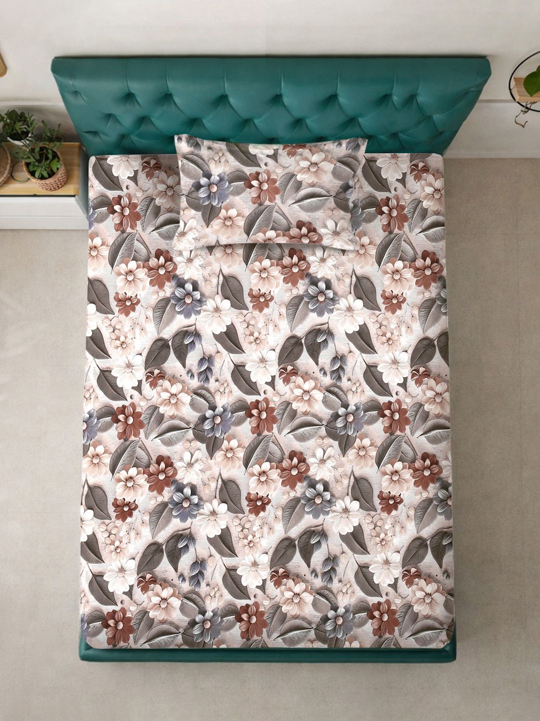 KLOTTHE Beige & Grey Floral Printed Flat 300 TC Single 7D Bedsheet With Pillow Cover