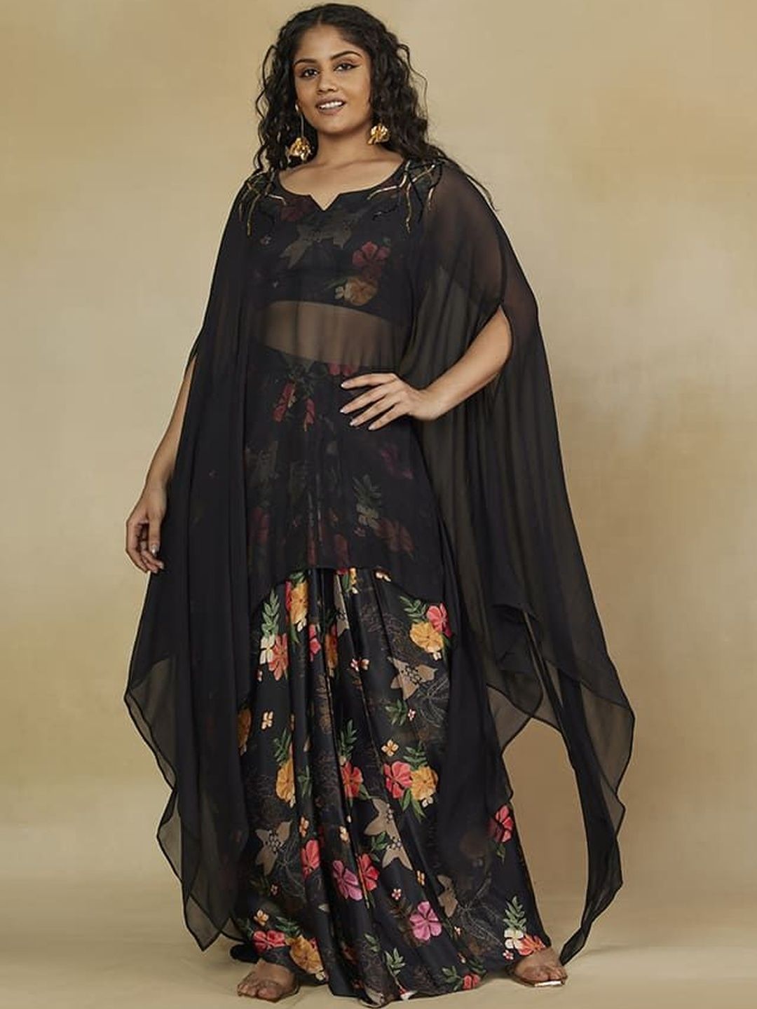 Mamicha Printed V- Neck Crop Top With Cape & Skirt Co-Ords Set