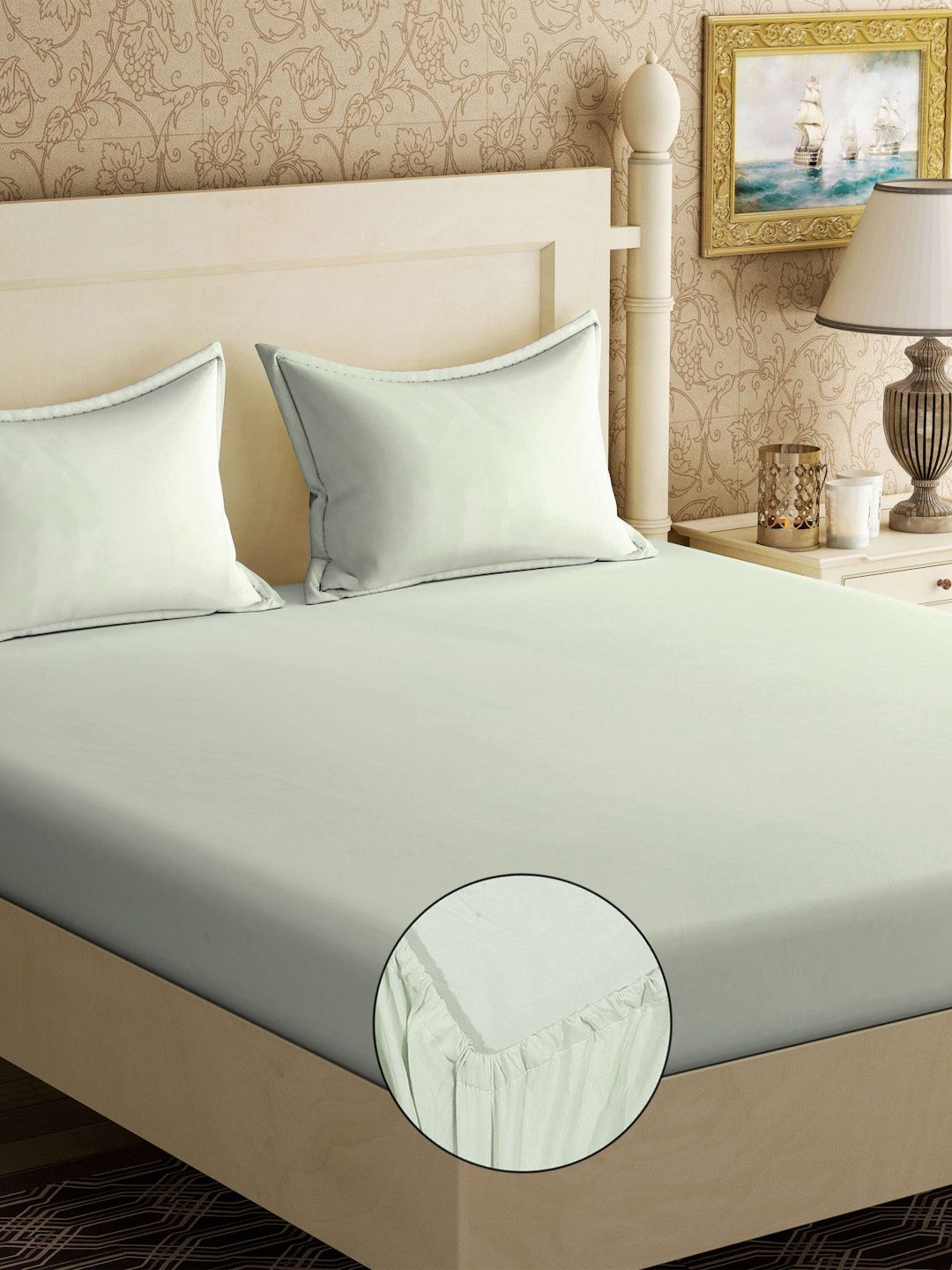Myntra Elegant Homes Green Solid 300 TC Fitted King Fine Bedsheet dengan 2 Sarung Bantal