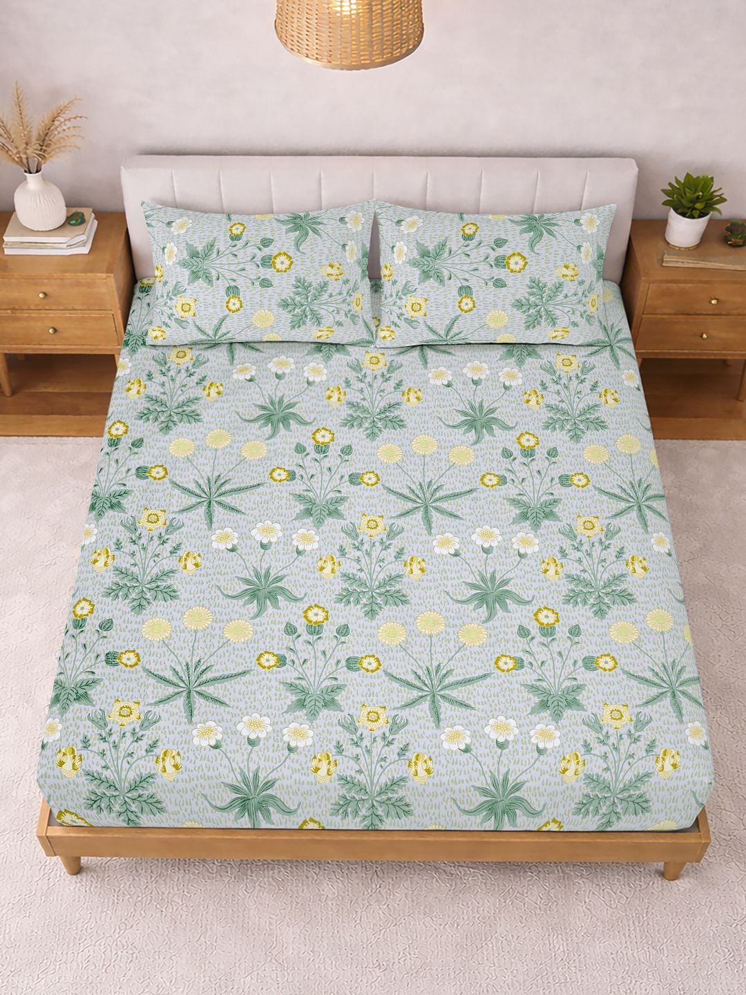 Myntra Elegant Homes Green Floral 300 TC King Double Bedsheet with 2 Pillow Covers