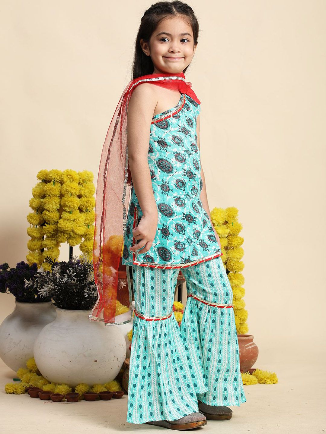 Cutiekins Girls Floral Printed Straight Cotton Kurta With Sharara & Dupatta