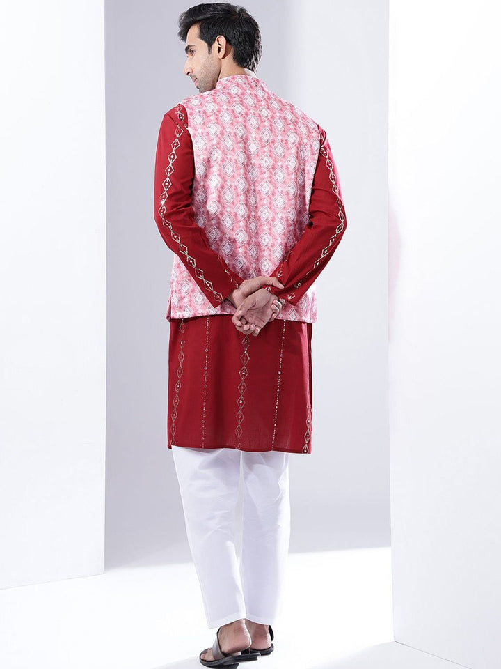 Anouk Men Sulam Kurta Kapas Tulen dengan Piyama & jaket Nehru