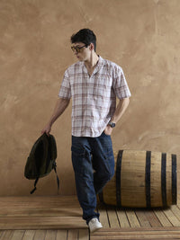 DENNISON Men Beige and Maroon Tartan Checks Shirt