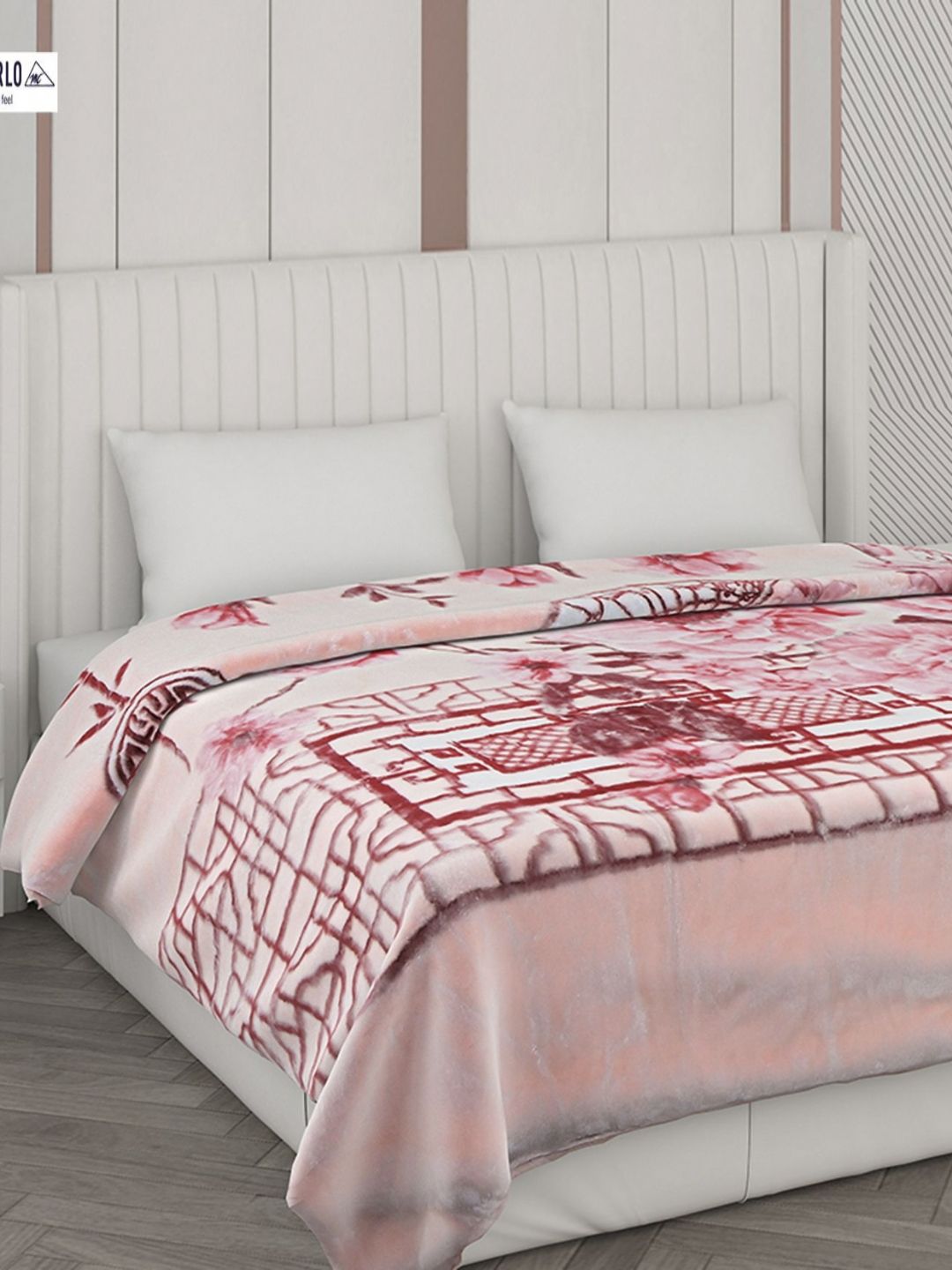 Monte Carlo Peach & White Floral Printed Heavy Winter 1000 GSM Double Bed Blankets