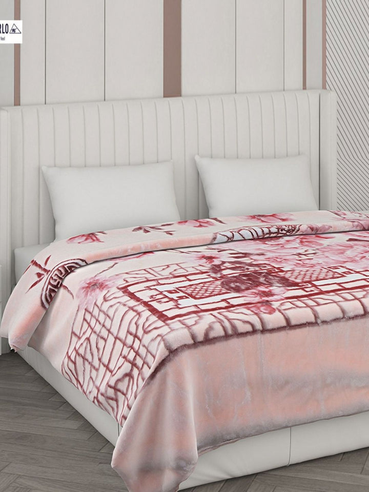 Monte Carlo Peach & White Floral Printed Heavy Winter 1000 GSM Double Bed Blankets