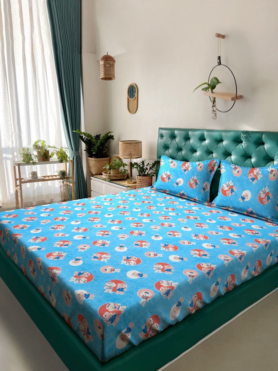 Myntra Elegant Homes Blue Cartoon Print Cotton 400TC King Double Bedsheet & 2 Pillow Cover