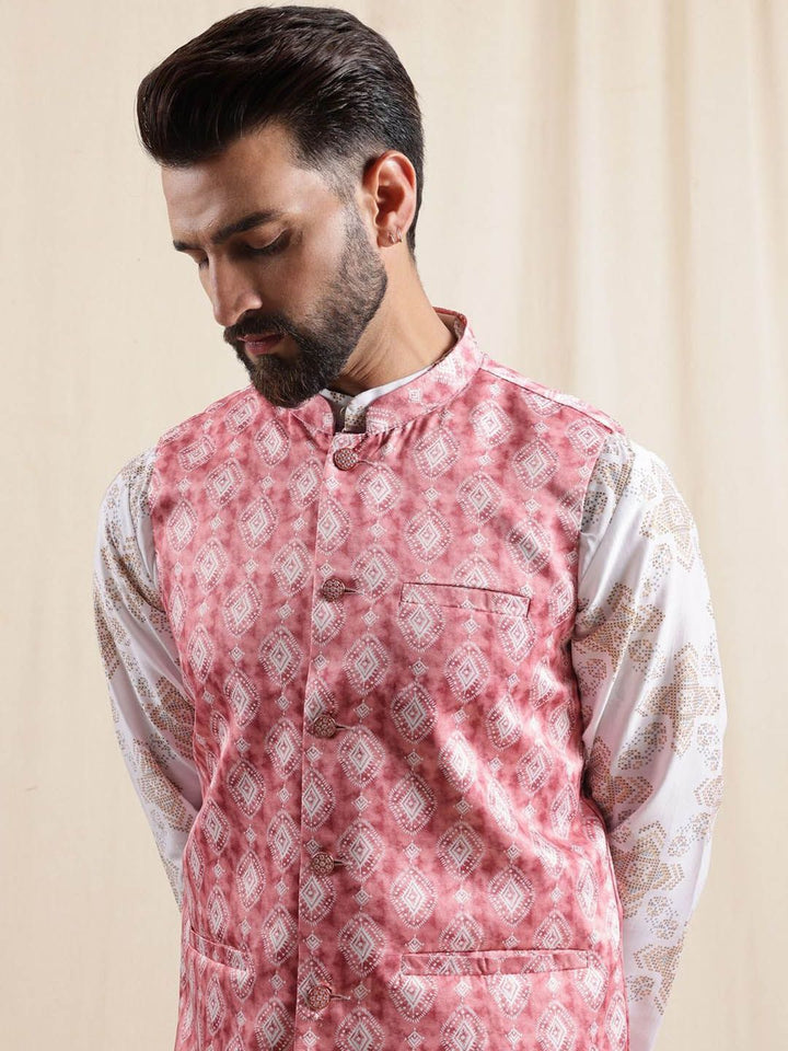 Anouk Geometric Printed Linen Straight Kurta With Pyjamas & Nehru Jacket