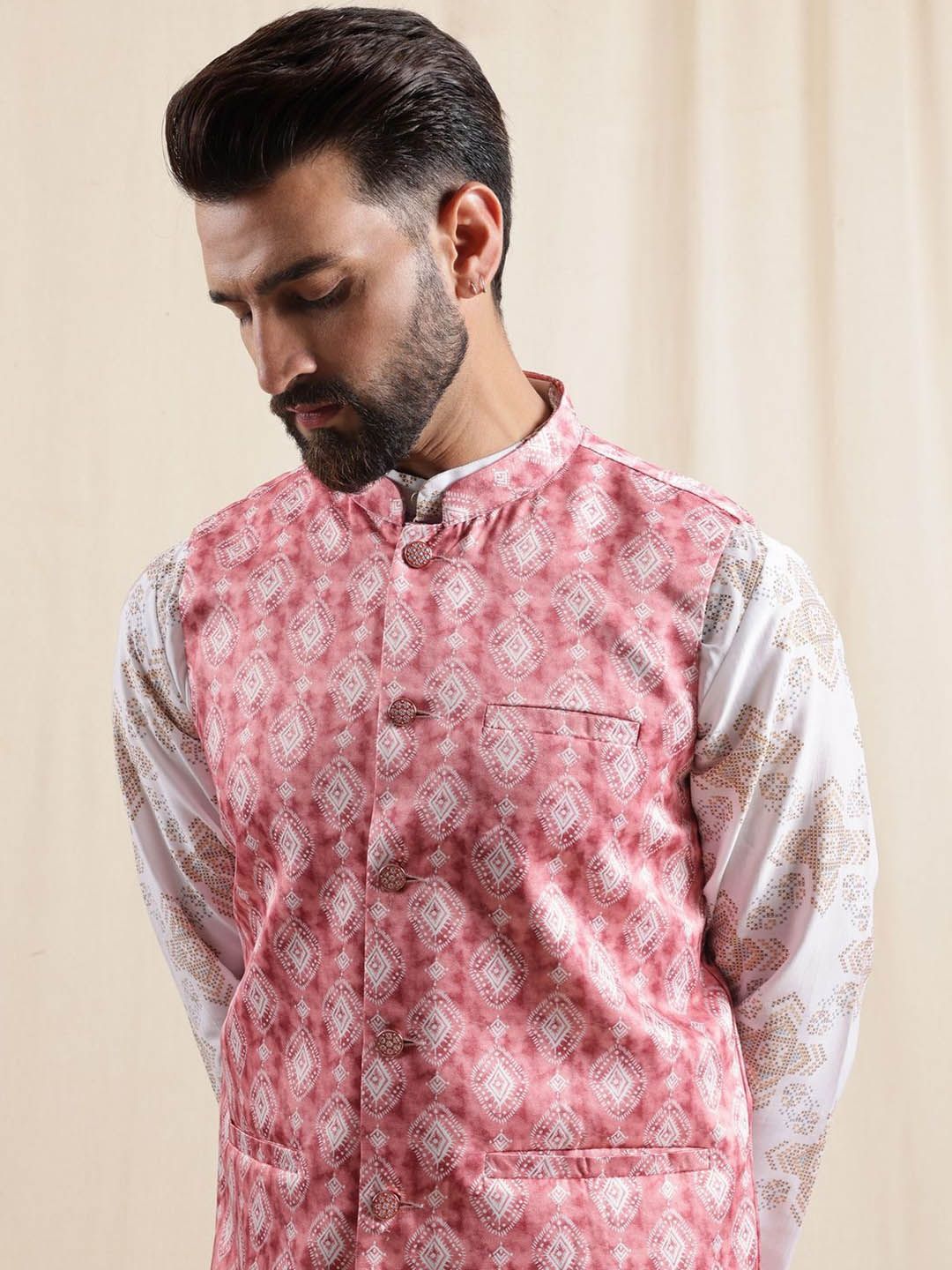 Anouk Geometric Printed Linen Straight Kurta With Pyjamas & Nehru Jacket