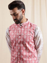 Anouk Geometric Printed Linen Straight Kurta With Pyjamas & Nehru Jacket