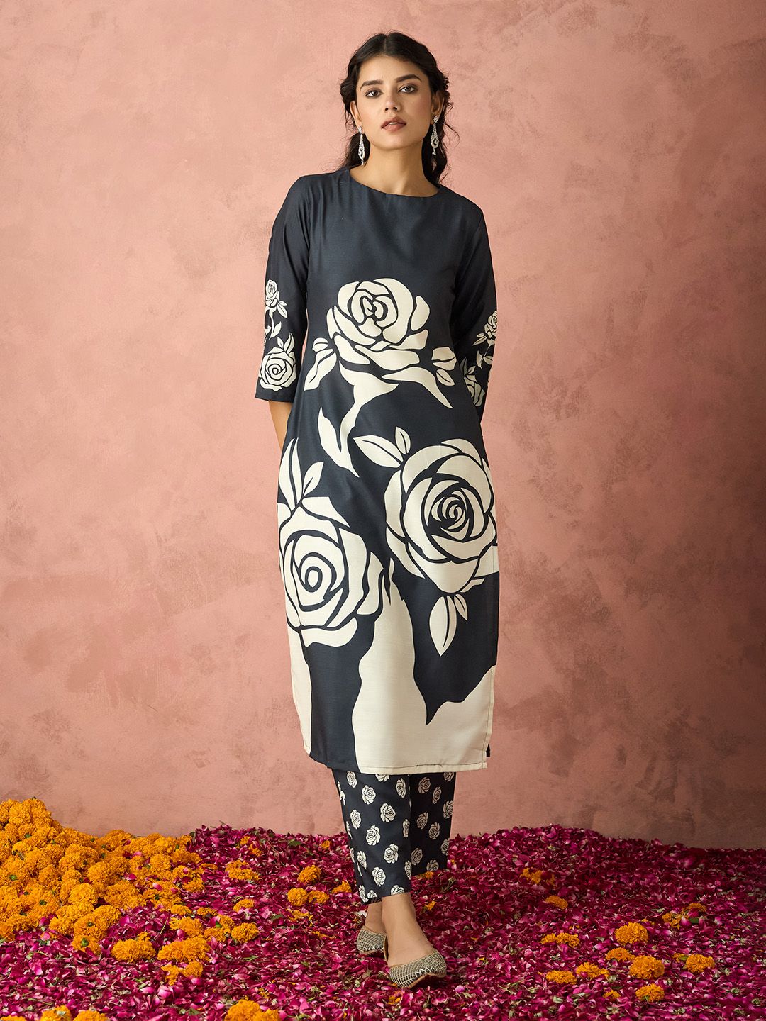 KALINI Floral Printed Regular Straight Kurta with Trousers