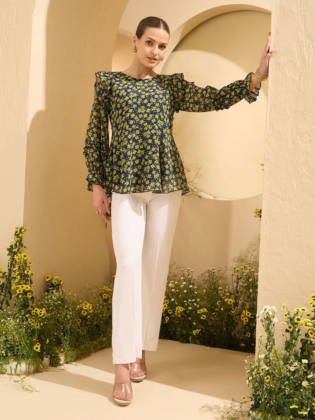 Antheaa Women Floral Print Flutter Sleeve Chiffon Top