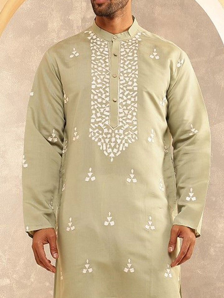 Anouk Geometric Embroidered Band Collar Thread Work Cotton Silk Straight Kurta