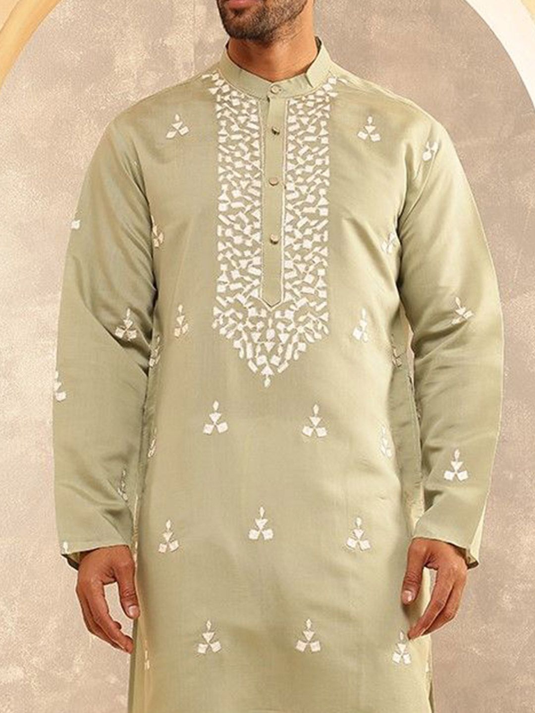 Anouk Geometric Embroidered Band Collar Thread Work Cotton Silk Straight Kurta
