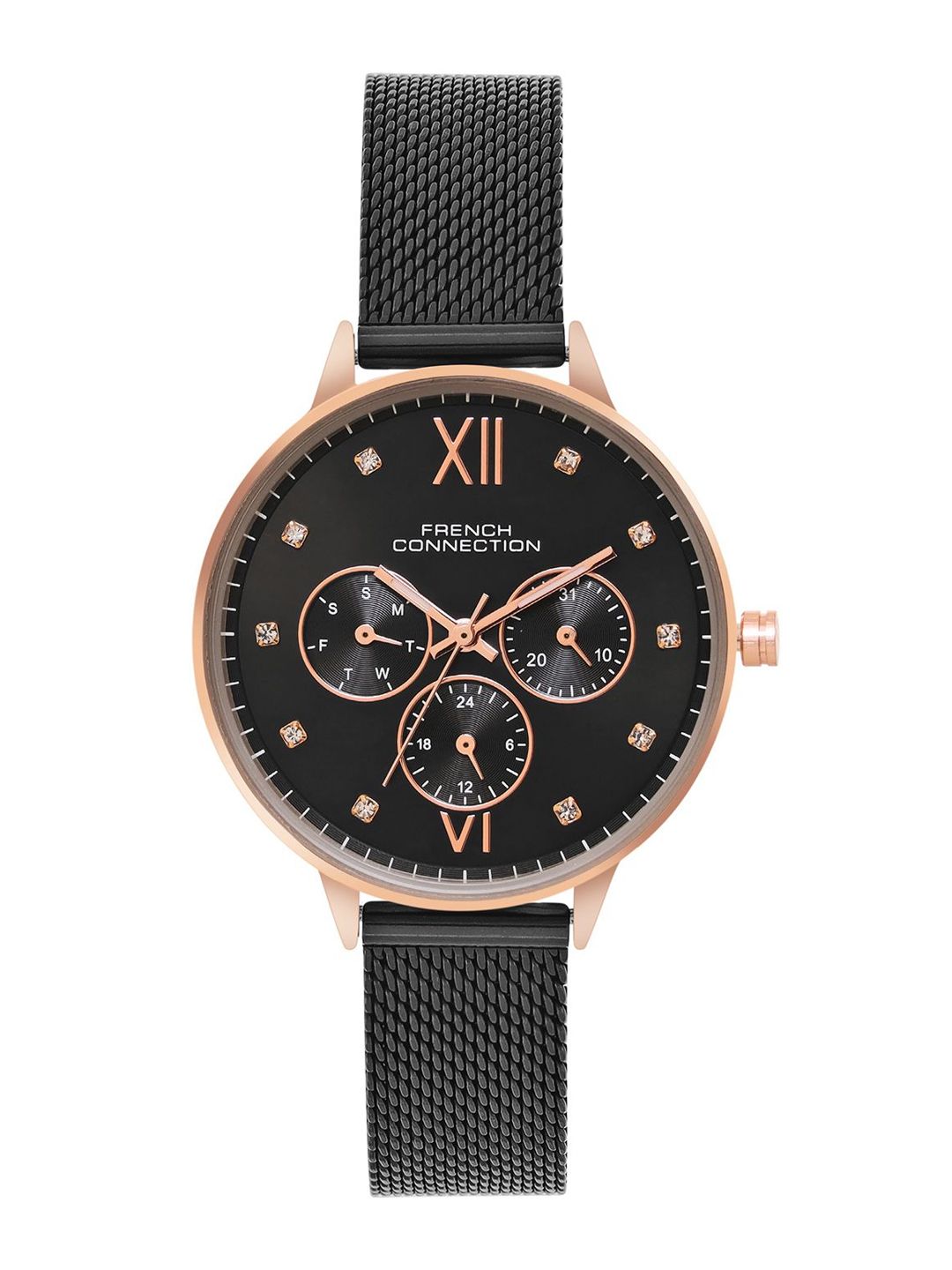French Connection Women Embellished Dial & Stainless Steel Bracelet Style Straps Analogue Multi Function Watch