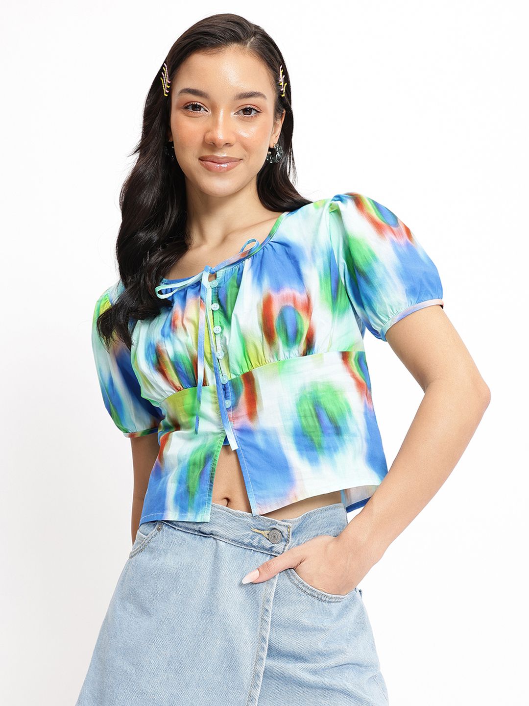 DressBerry Abstract Alchemy Tie-Up Neck Pure Cotton Top