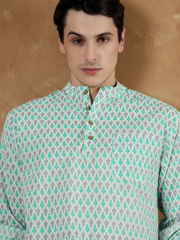 Dennison Men Motif Etnik Putih & Biru Dicetak Kurta