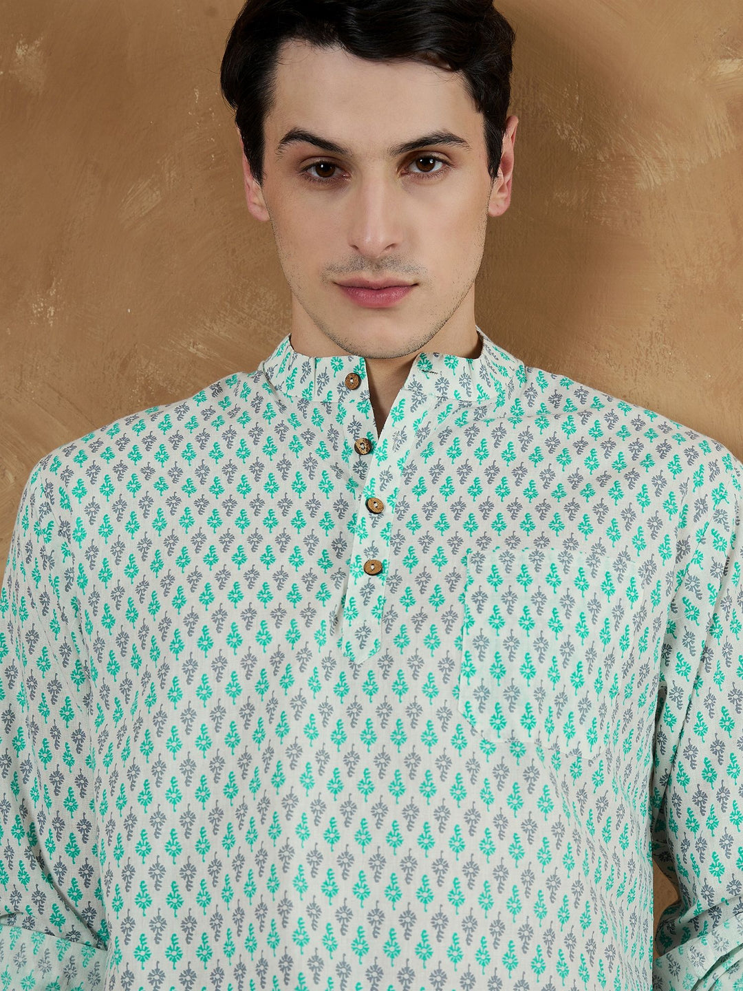 Dennison Men Motif Etnik Putih & Biru Dicetak Kurta