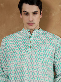 Dennison Men Motif Etnik Putih & Biru Dicetak Kurta