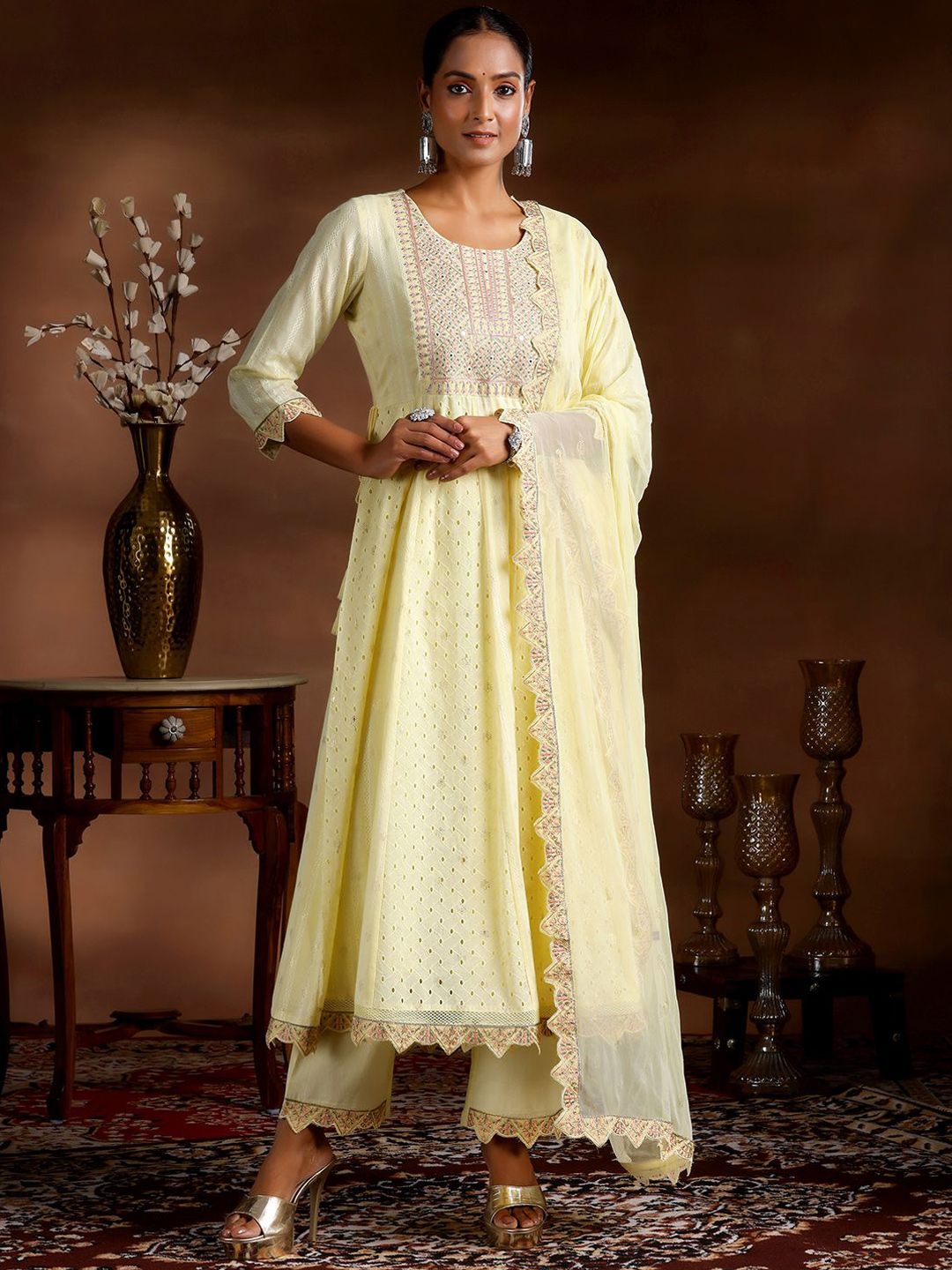 Libas Ethnic Motif Embroidered Sequinned Pure Cotton Anarkali Kurta With Trouser & Dupatta