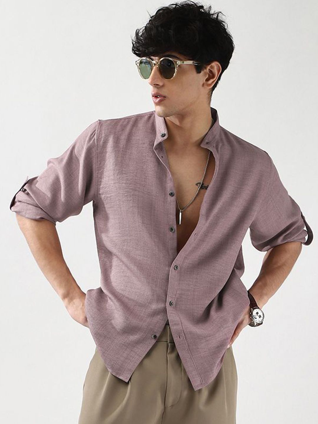 Urbano Fashion Men Purple Solid Linen Full Sleeve Relaxed Fit Mandarin Collar Casual Shirt