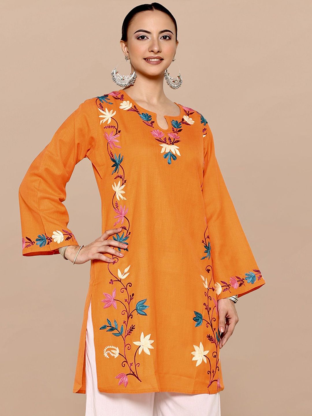 HOUSE OF KARI Falak Kashmiri Embroidered Flared Sleeves Thread Work Cotton Straight Kurta
