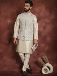 Anouk Men Geometric Embroidered Thread Work Straight Kurta With Churidar & Nehru Jacket