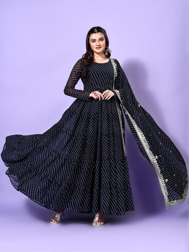 KALINI Leheriya Printed Round Neck Tiered Anarkali Kurta with Pyjamas & Dupatta