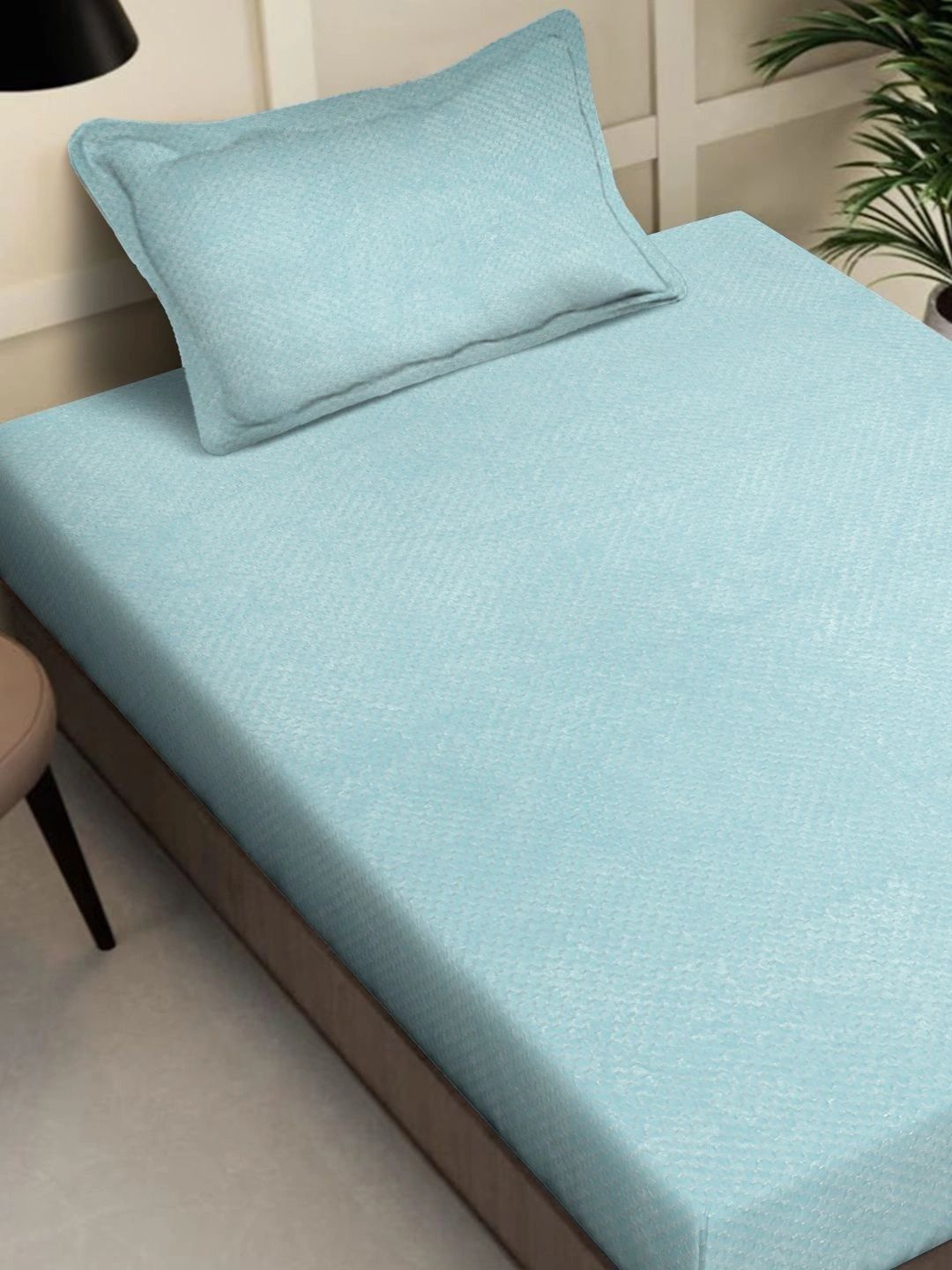 Myntra Elegant Homes Blue Solid Fitted 300 TC Wool Single Bedsheet with 1 Pillow Covers