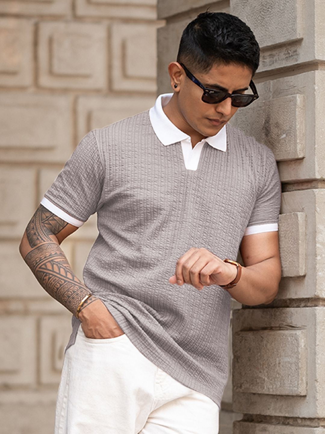 Powerlook Men Self Design Polo Collar Cotton T-shirt