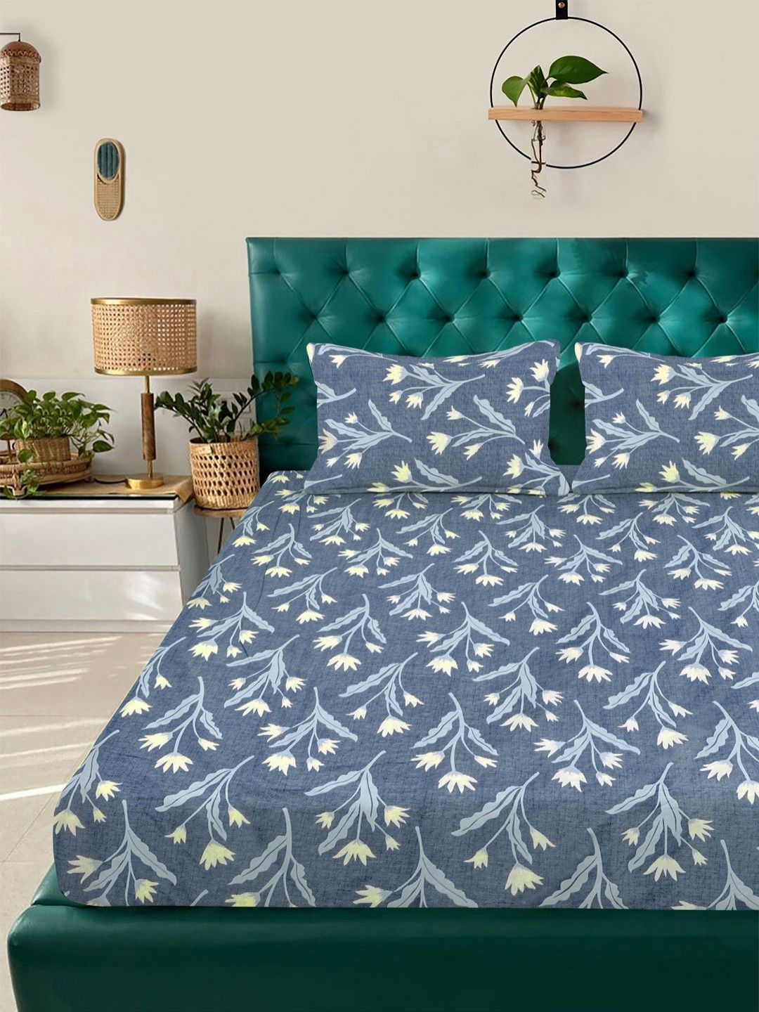Aura Blue Floral Printed 300 TC Cadar Katil King 2.50 m X 2.25 m