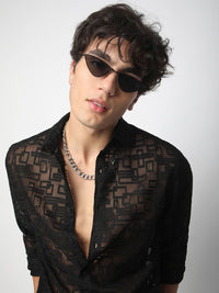 VASTRADO Men Classic Spread Collar Geometric Self Design Slim Fit Casual Shirt