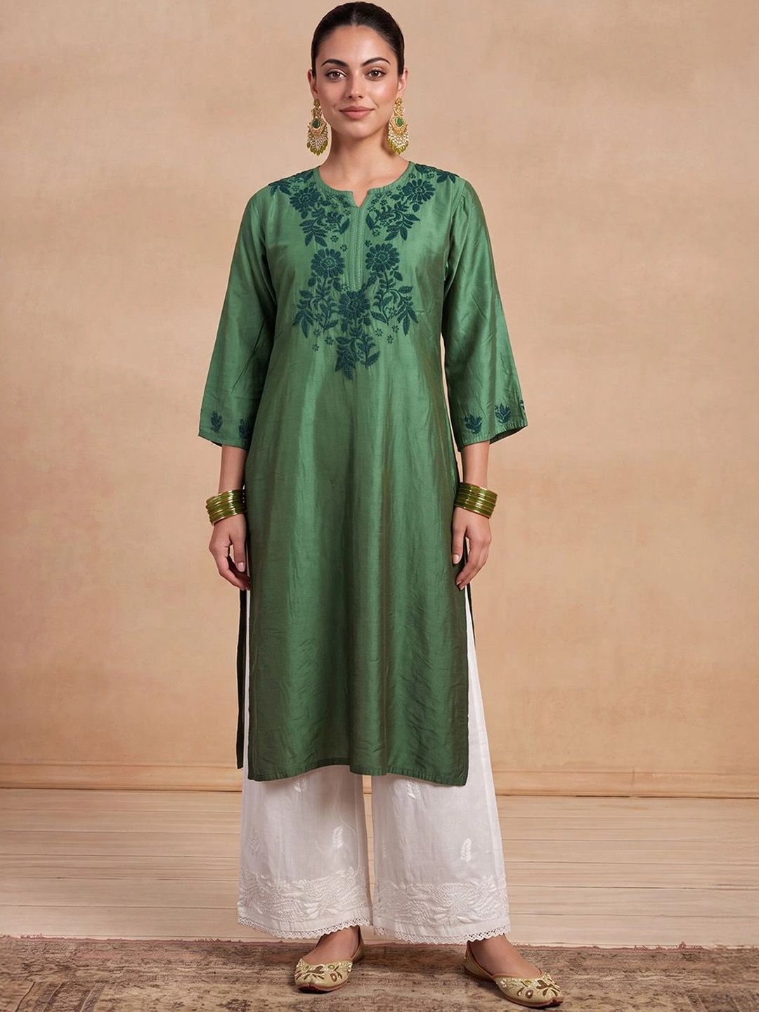 House of Chikankari Women Floral Embroidered Thread Work Chanderi Silk Kurta